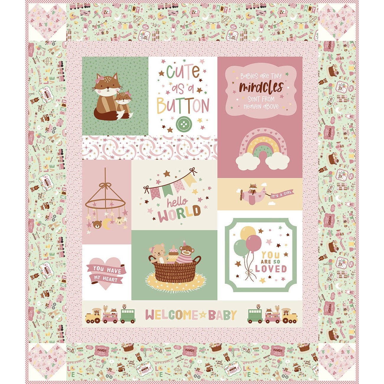 A pastel-colored baby quilt panel featuring cute woodland animals, inspirational phrases, and baby-themed designs in soft pink, green, and cream tones.