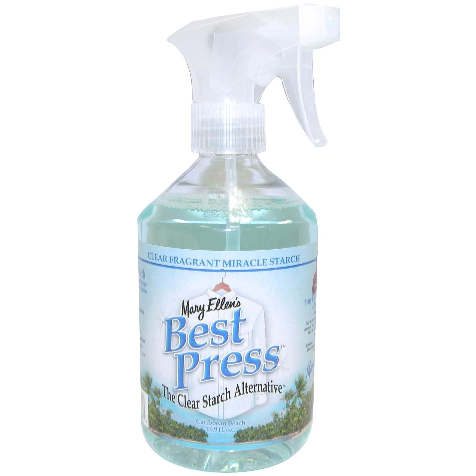 A clear spray bottle with white trigger nozzle containing light blue-green liquid, labeled "Mary Ellen's Best Press" with Caribbean beach imagery on the label.