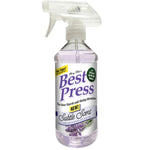 Clear spray bottle with white trigger containing purple-tinted liquid, labeled "Best Press" starch alternative with lavender scent.