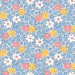 Scattered flowers in blue, white, pink and yellow. Take a step ba