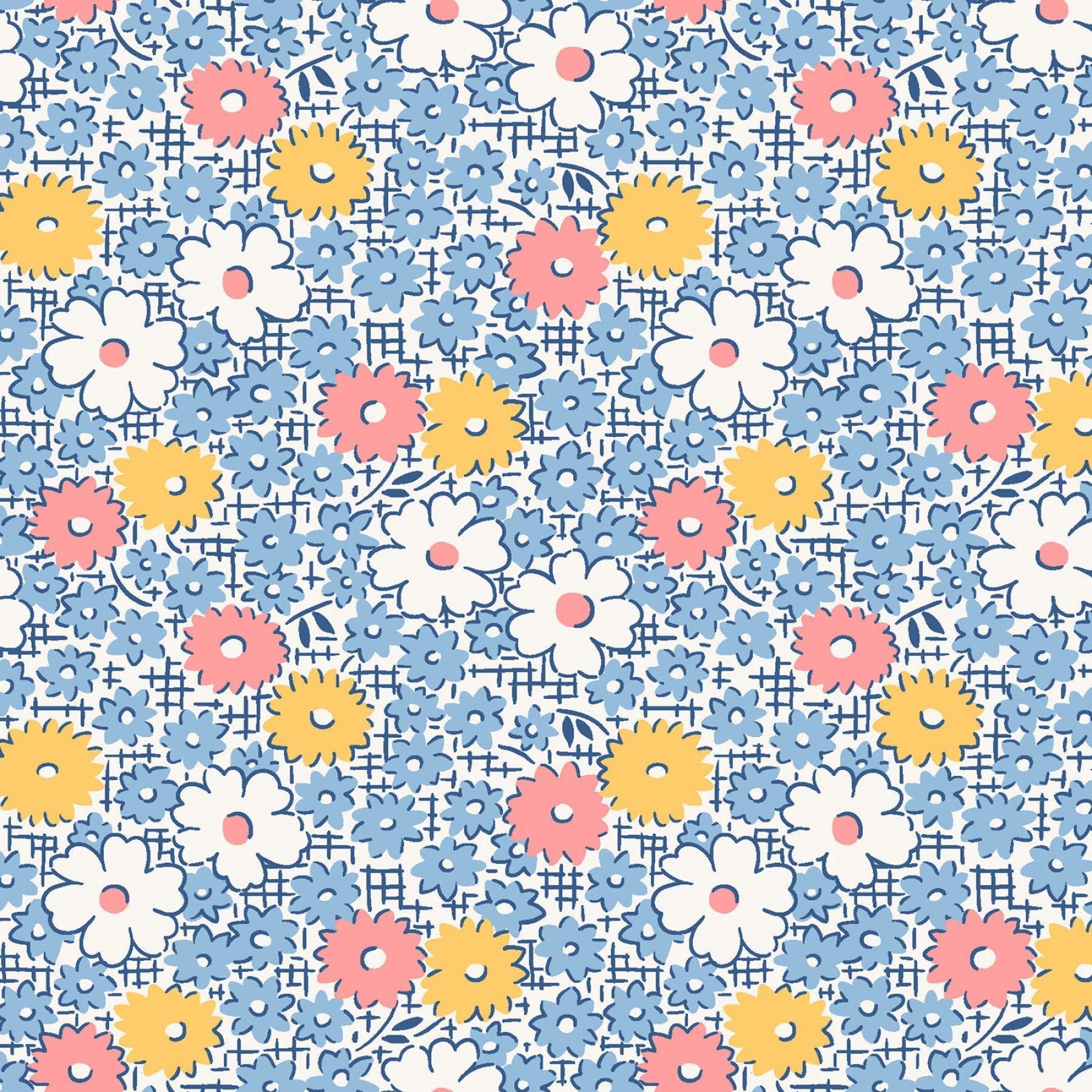 Scattered flowers in blue, white, pink and yellow. Take a step ba