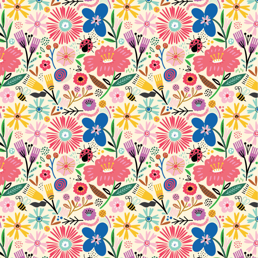 Hey Love Bug is a whimsical collection by McKenzie Elston for Poppie Cotton made up of beetles, bees, butterflies, caterpillars, and ladybugs. The color palette combines red, pink, yellow and blues on a soft white. This would be perfect for quilts, dresses, bedding and so much more.