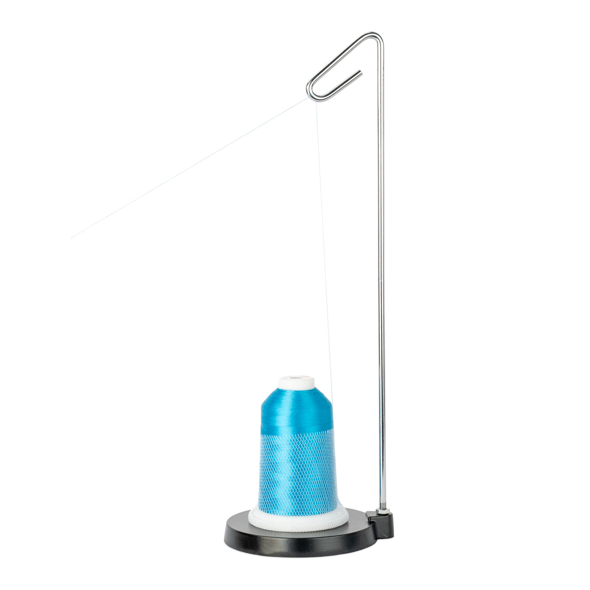 Metal thread stand with a blue cone of Elite polyester thread on a white background