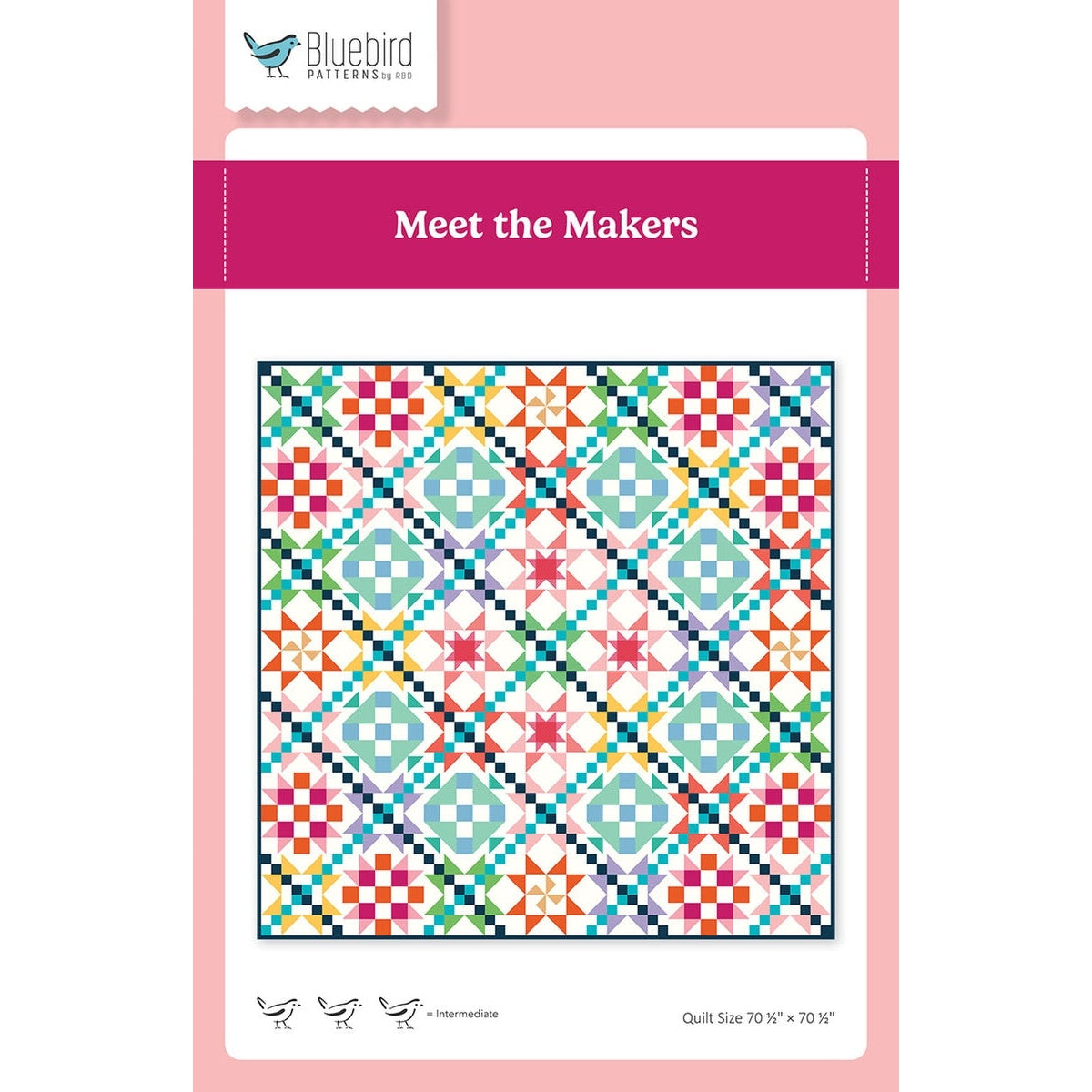 Colorful quilt pattern featuring geometric blocks in a diagonal lattice design with stars, squares, and checkerboard motifs in bright blues, pinks, oranges, and greens.