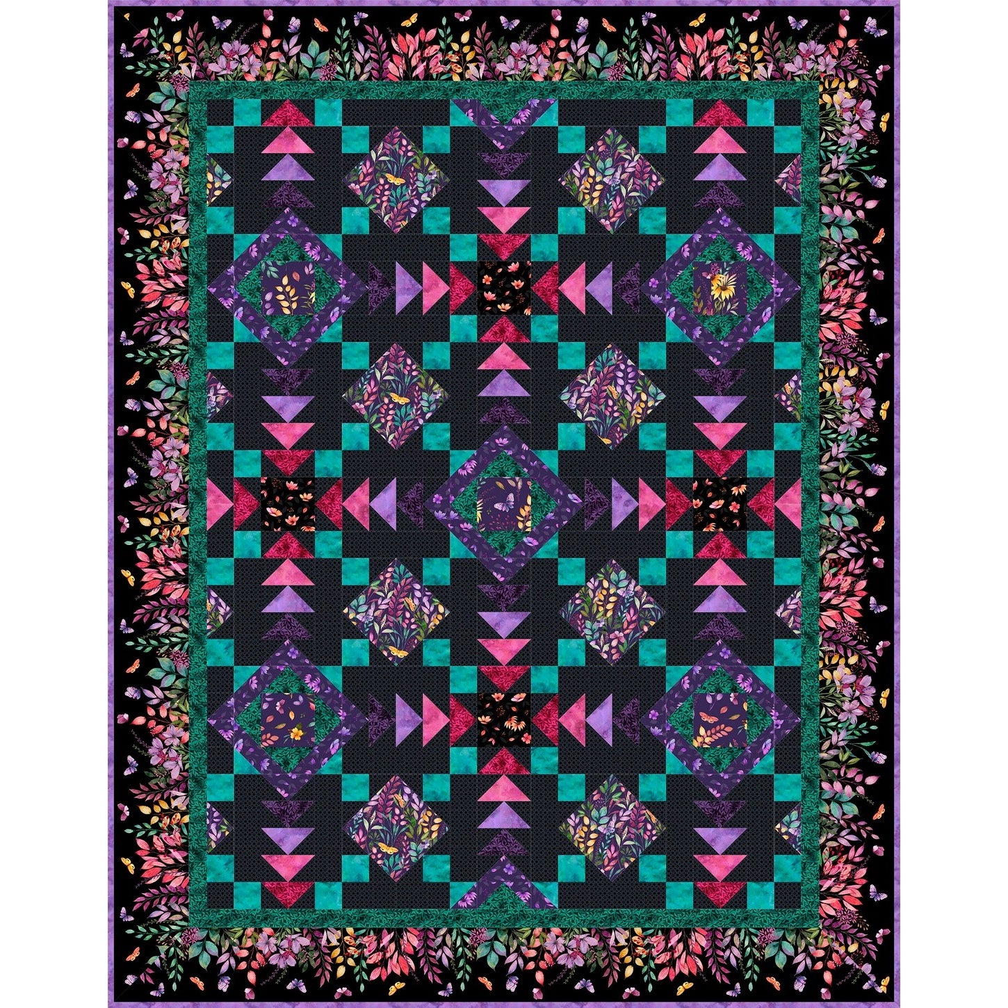 Colorful geometric quilt with purple, pink, and teal blocks featuring floral patterns on a black background with botanical border.