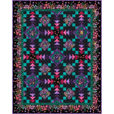Colorful geometric quilt with purple, pink, and teal blocks featuring floral patterns on a black background with botanical border.