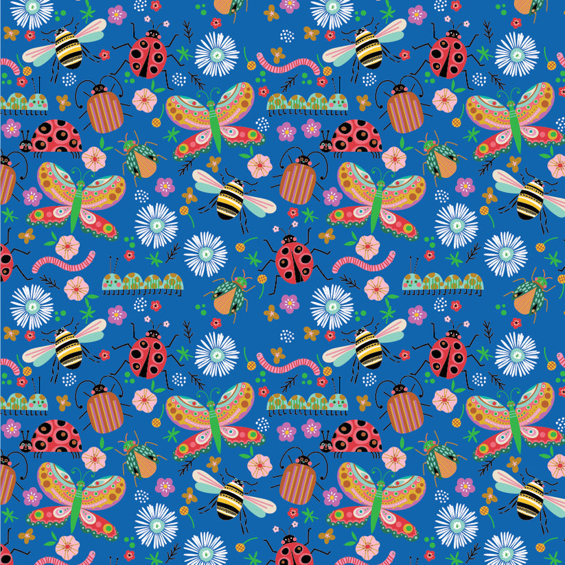 Hey Love Bug is a whimsical collection by McKenzie Elston for Poppie Cotton made up of beetles, bees, butterflies, caterpillars, and ladybugs. The color palette combines red, pink, yellow and blues on a soft white. This would be perfect for quilts, dresses, bedding and so much more.