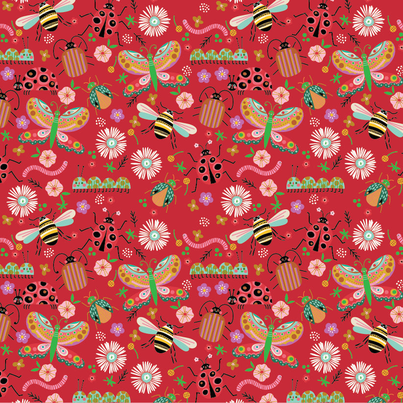 Hey Love Bug is a whimsical collection by McKenzie Elston for Poppie Cotton made up of beetles, bees, butterflies, caterpillars, and ladybugs. The color palette combines red, pink, yellow and blues on a soft white. This would be perfect for quilts, dresses, bedding and so much more.