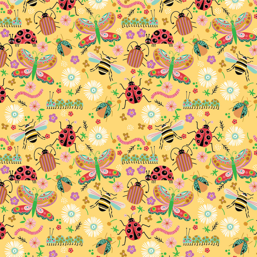 Hey Love Bug is a whimsical collection by McKenzie Elston for Poppie Cotton made up of beetles, bees, butterflies, caterpillars, and ladybugs. The color palette combines red, pink, yellow and blues on a soft white. This would be perfect for quilts, dresses, bedding and so much more.