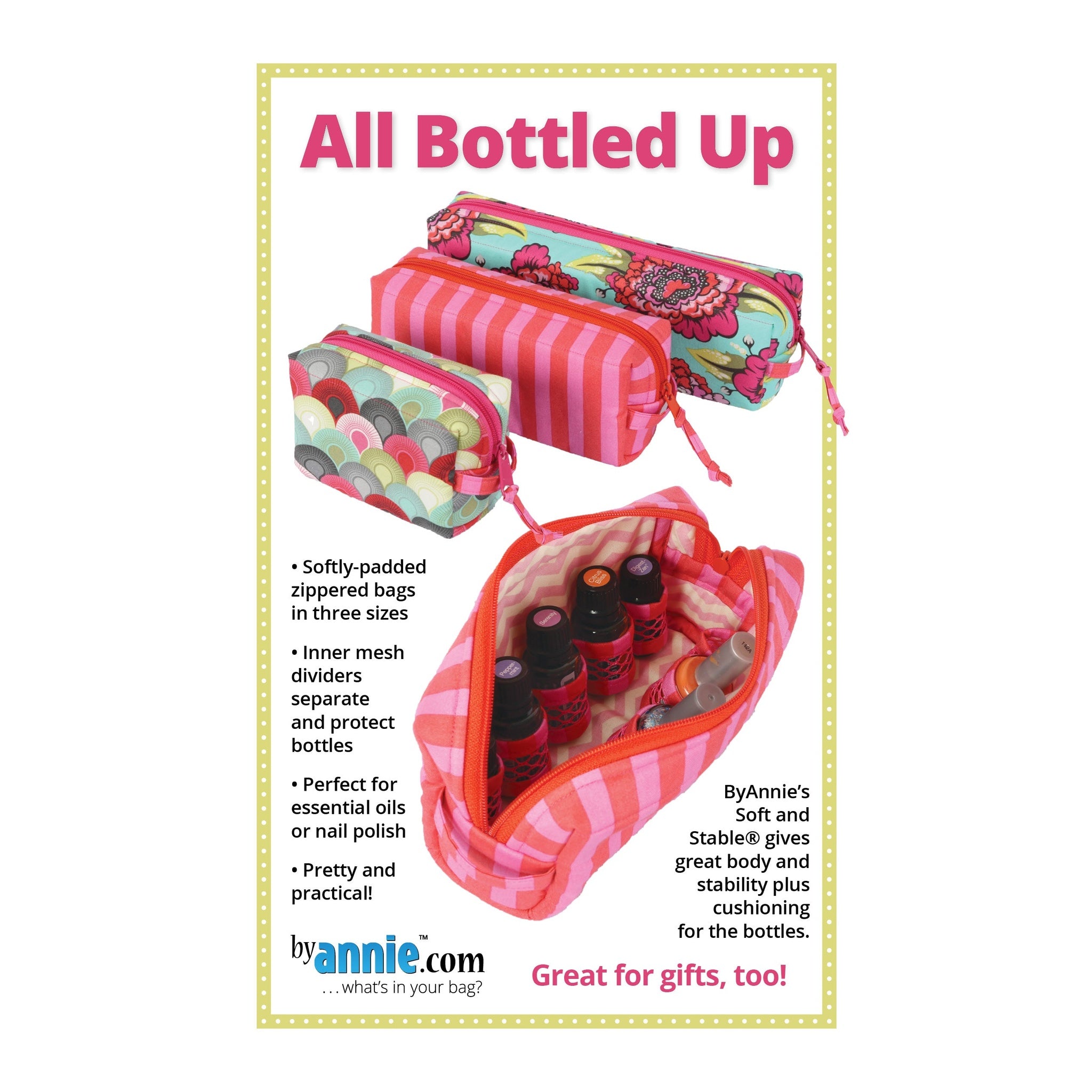 Colorful zippered bags in three sizes with floral and striped patterns, designed to hold and organize bottles with inner mesh dividers.