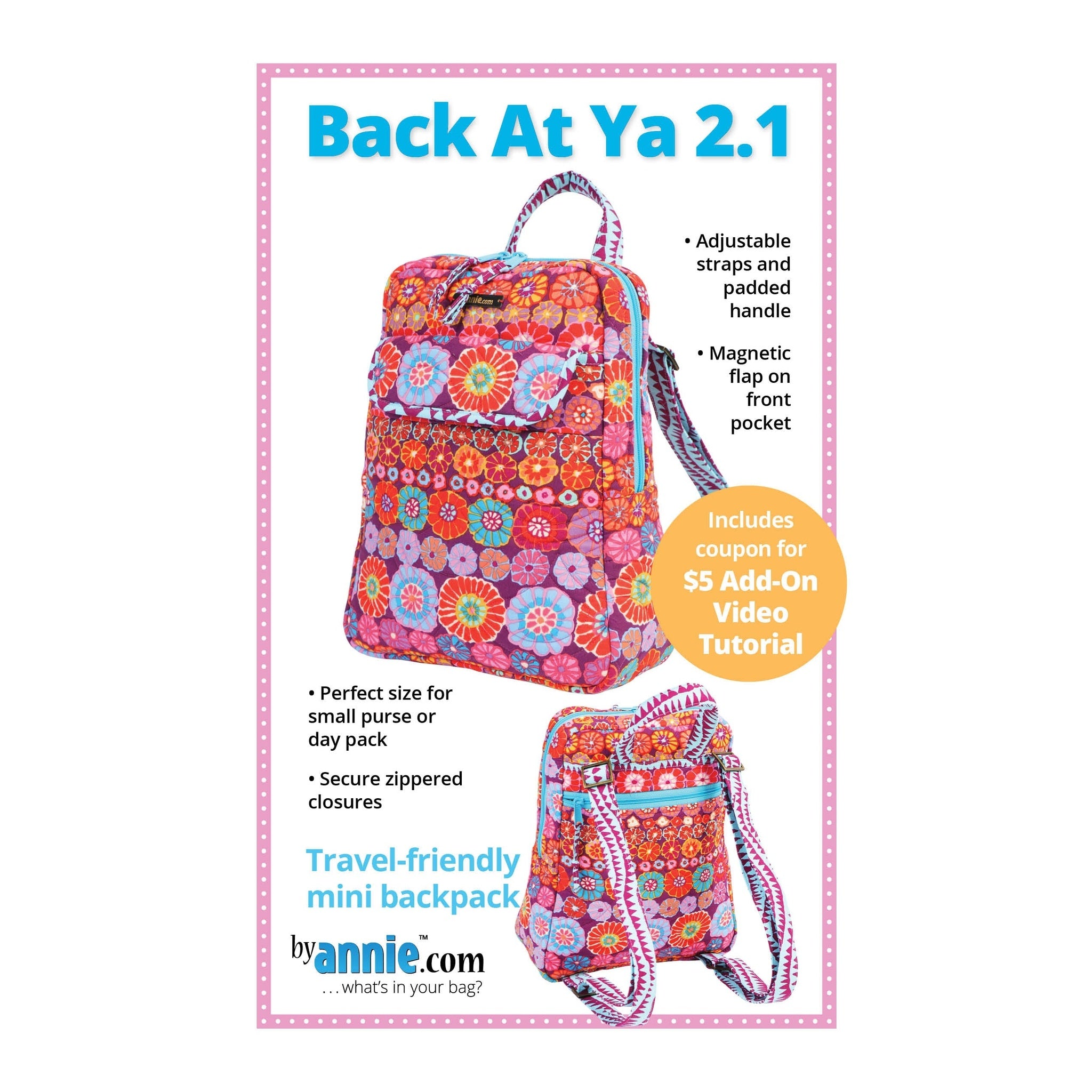 Colorful floral patterned mini backpack with adjustable straps and front pocket, shown from two angles on pink dotted background.