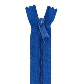 Blue zipper with matching pull tab, showing the open zipper teeth and fabric tape in a bright royal blue color.