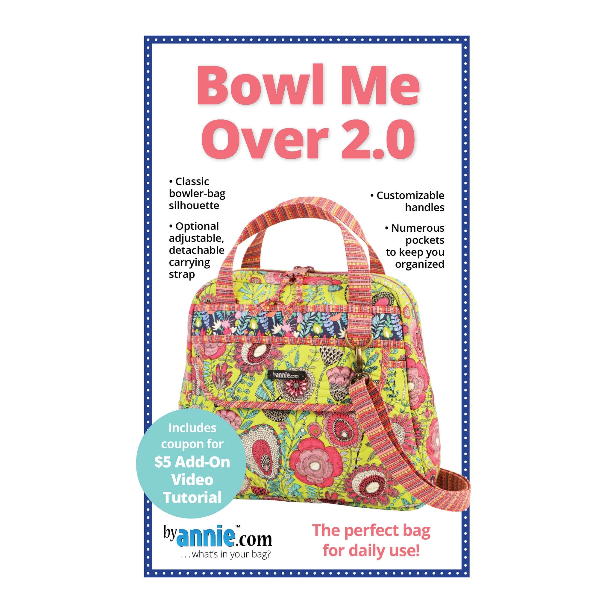 A sewing pattern for a colorful quilted bowling bag featuring bright floral and geometric prints in yellow, pink, and teal with multiple pockets and handles.