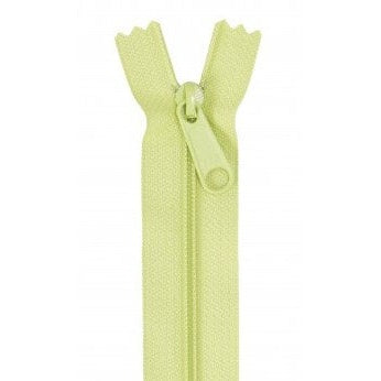 Light green chartreuse zipper with matching pull tab, 24 inches long, shown unzipped against white background.