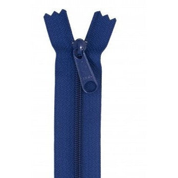 Blue 24-inch zipper with matching pull tab, shown partially open against white background.