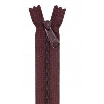 Dark burgundy zipper with matching pull tab, shown partially open against white background.