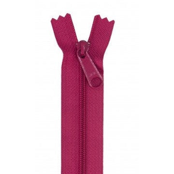 A burgundy-colored 24-inch zipper with matching pull tab, shown partially open against a white background.