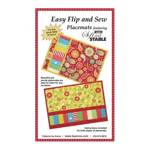 Sewing pattern package showing colorful quilted placemats with floral and geometric designs in red, green, and yellow fabrics.