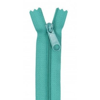 Emerald green 24-inch zipper with matching pull tab, shown partially open against white background.