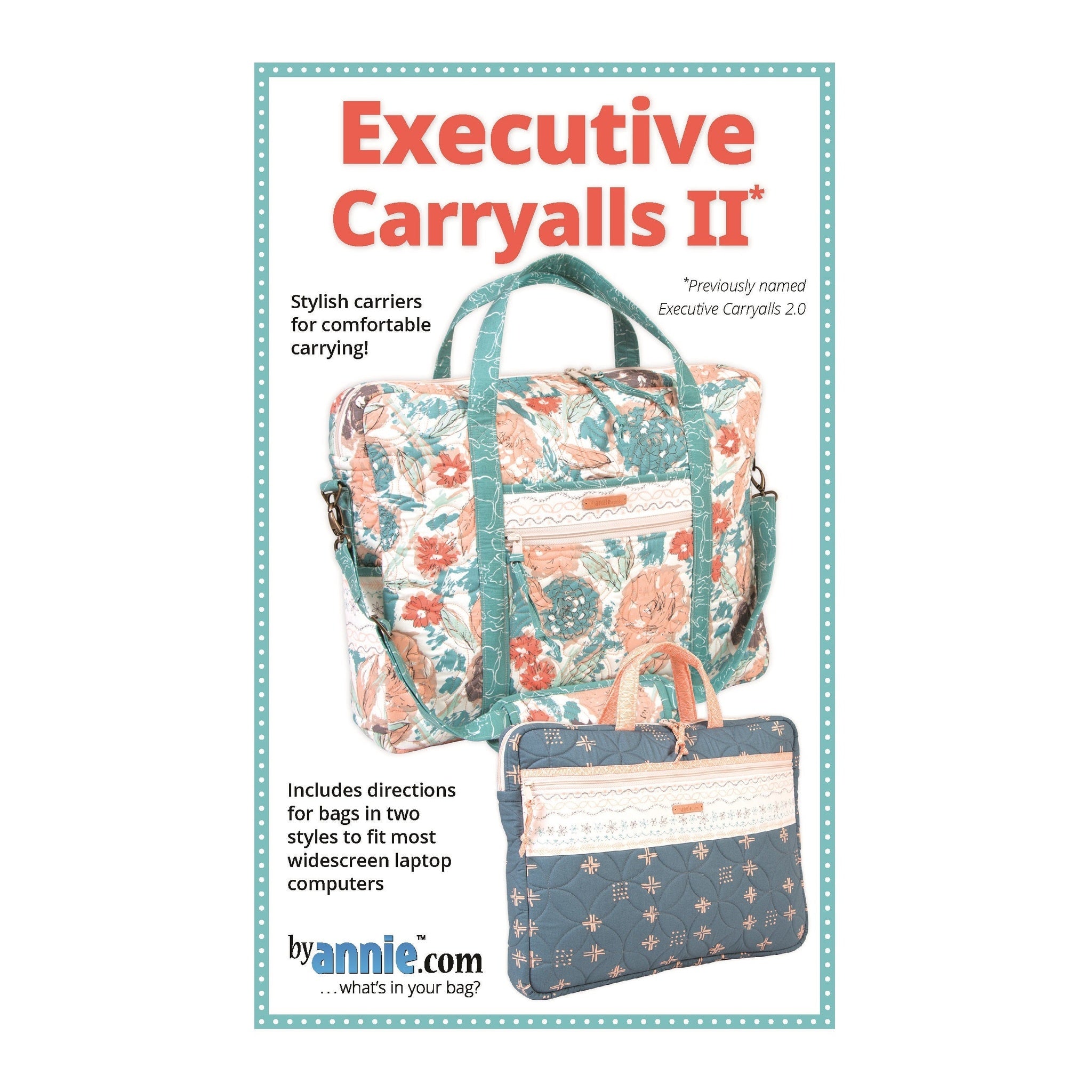 Sewing pattern cover showing two floral laptop bags - one teal and coral tote-style bag and one navy briefcase-style bag with decorative trim.