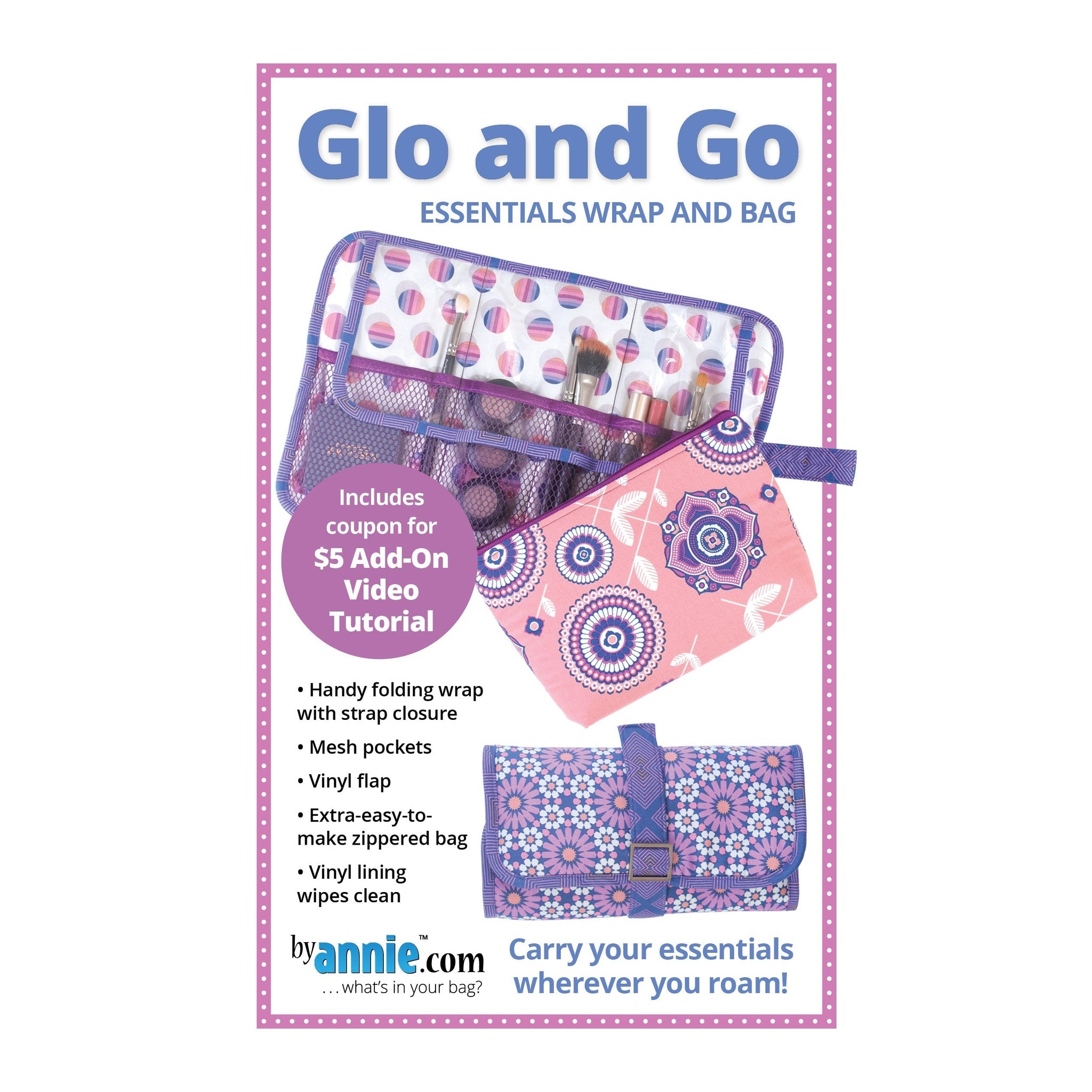 A sewing pattern for the Glo and Go Essentials Wrap and Bag featuring colorful geometric and floral designs in purple, pink, and blue tones.
