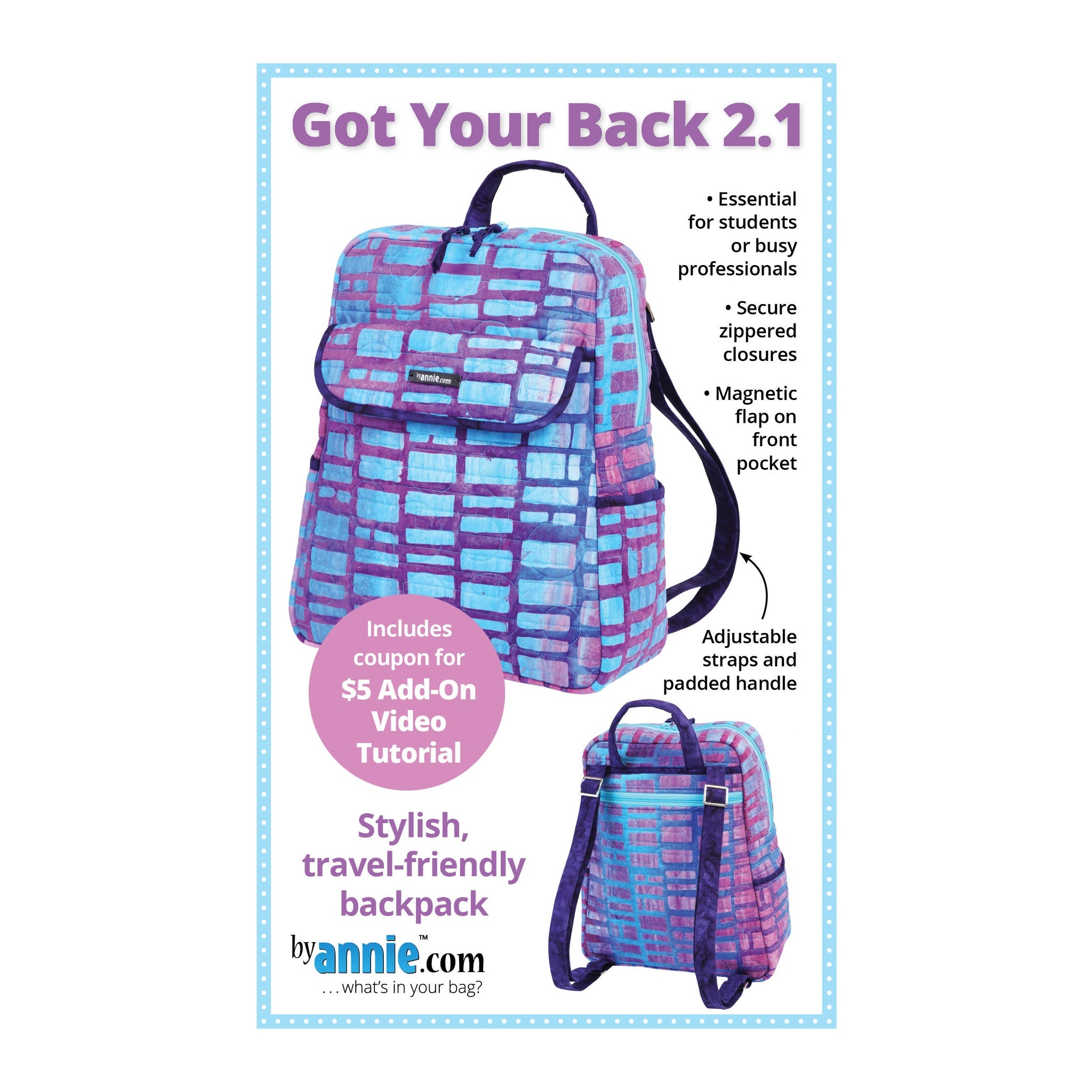 A blue and purple patterned backpack with adjustable straps and front pocket, shown from front and back views.