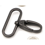 Black metal swivel hook with oval link and rotating clasp mechanism against white background.
