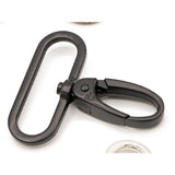 Black metal swivel hook with oval link and rotating clasp mechanism against white background.