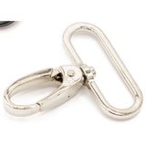 Shiny nickel-plated metal swivel hook with oval clasp and rectangular loop on white background.