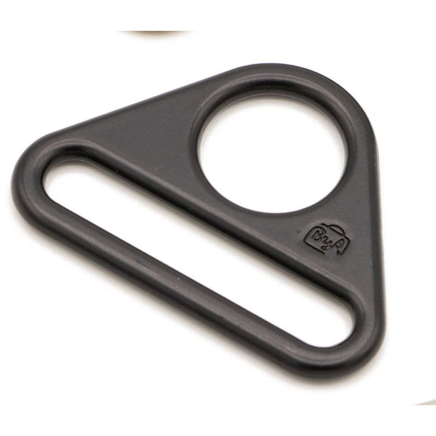 Black metal triangular hardware piece with one circular ring and one elongated slot opening.