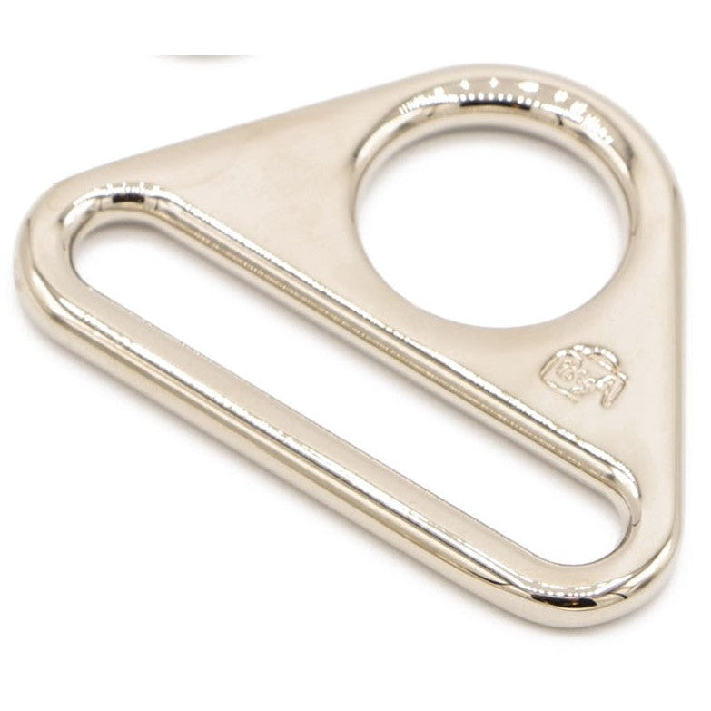 Nickel-plated triangular metal hardware piece with circular ring and elongated slot opening
