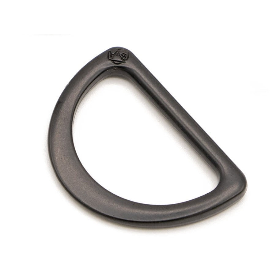 Black metal D-ring hardware with matte finish, featuring a D-shaped design with small logo marking at the top.