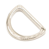 Nickel-plated metal D-ring hardware with rounded D-shape and welded connection point.