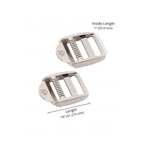 Two nickel-colored metal strap adjusters with rectangular frames and internal sliding mechanisms, showing 1-inch inside length dimensions.