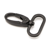 Black metal swivel hook with oval clasp and rotating connection point for straps or bags.