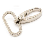 A shiny nickel-plated metal swivel hook with an oval clasp and attached D-ring on a white background.