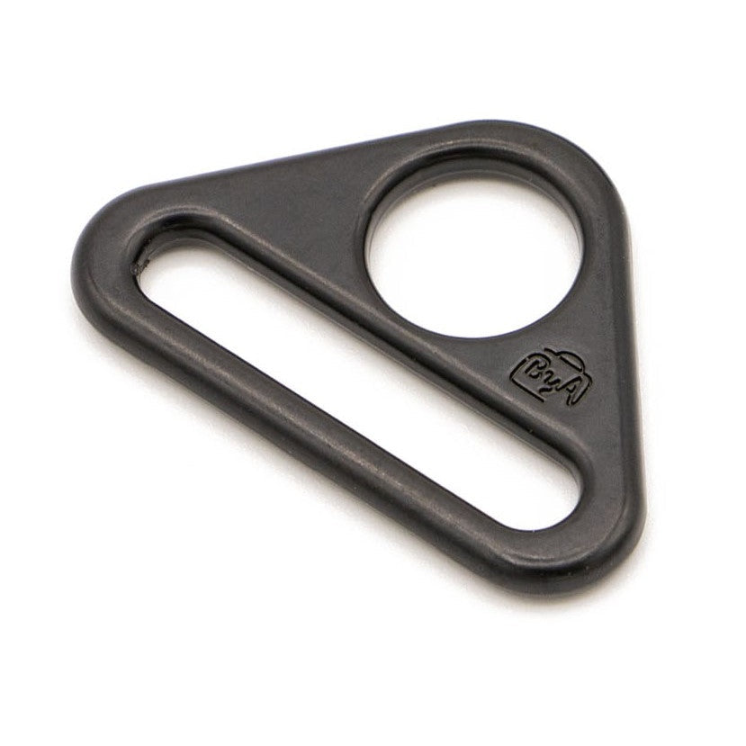 Black metal triangular ring with elongated slot and circular opening, featuring embossed logo.