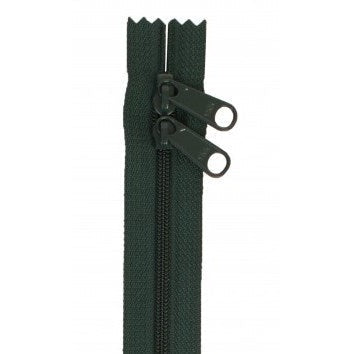 Dark green 30-inch double pull zipper with two black zipper pulls and serrated fabric edges.