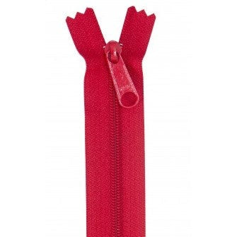 Red 24-inch zipper with matching pull tab, shown partially open against white background.