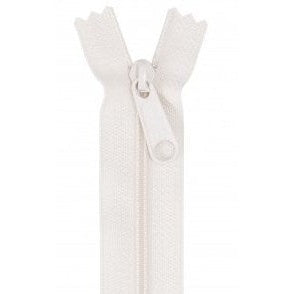 White zipper with plastic teeth and pull tab, measuring 24 inches in length.