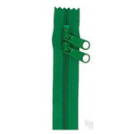 Green 30-inch zipper with dual pull tabs and zigzag tape edges.
