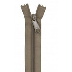 Khaki-colored 24-inch zipper with metal pull tab, shown partially open against white background.