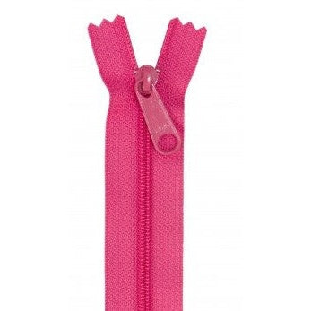 Pink zipper with matching pull tab, 24 inches long, shown partially open at the top.