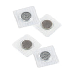 Four clear plastic squares with silver magnetic snaps, showing both sides of two magnetic snap sets.