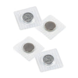 Four clear plastic squares with silver magnetic snaps, showing both sides of two magnetic snap sets.