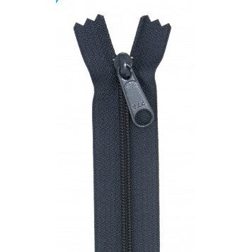 Navy blue 24-inch zipper with dark metal pull and teeth, shown fully closed against white background.