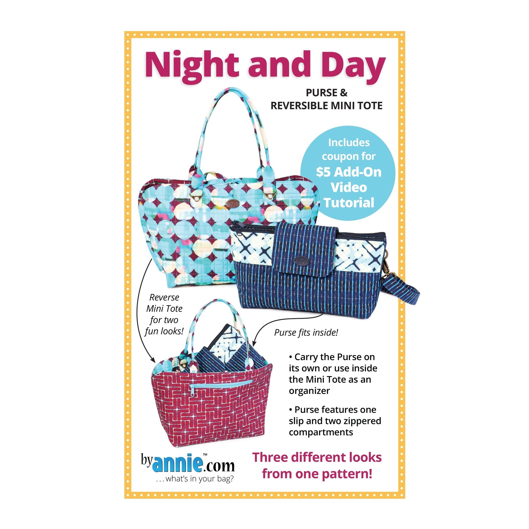 Sewing pattern for a reversible mini tote bag and matching purse featuring geometric prints in blue, burgundy, and white colors.