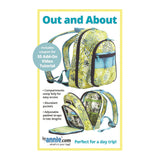 A sewing pattern for a yellow and blue floral backpack with multiple compartments that unzip to reveal organized interior pockets and storage sections.