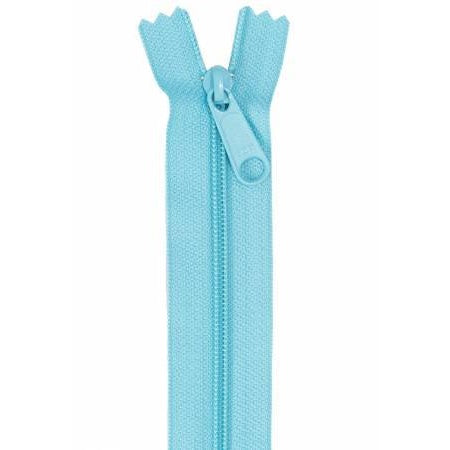Light blue 24-inch zipper with matching pull tab, shown partially open against white background.