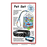 Sewing pattern cover showing colorful pet accessories including a paw print collar, blue patterned dog carrier bag, and coordinating leash designs.